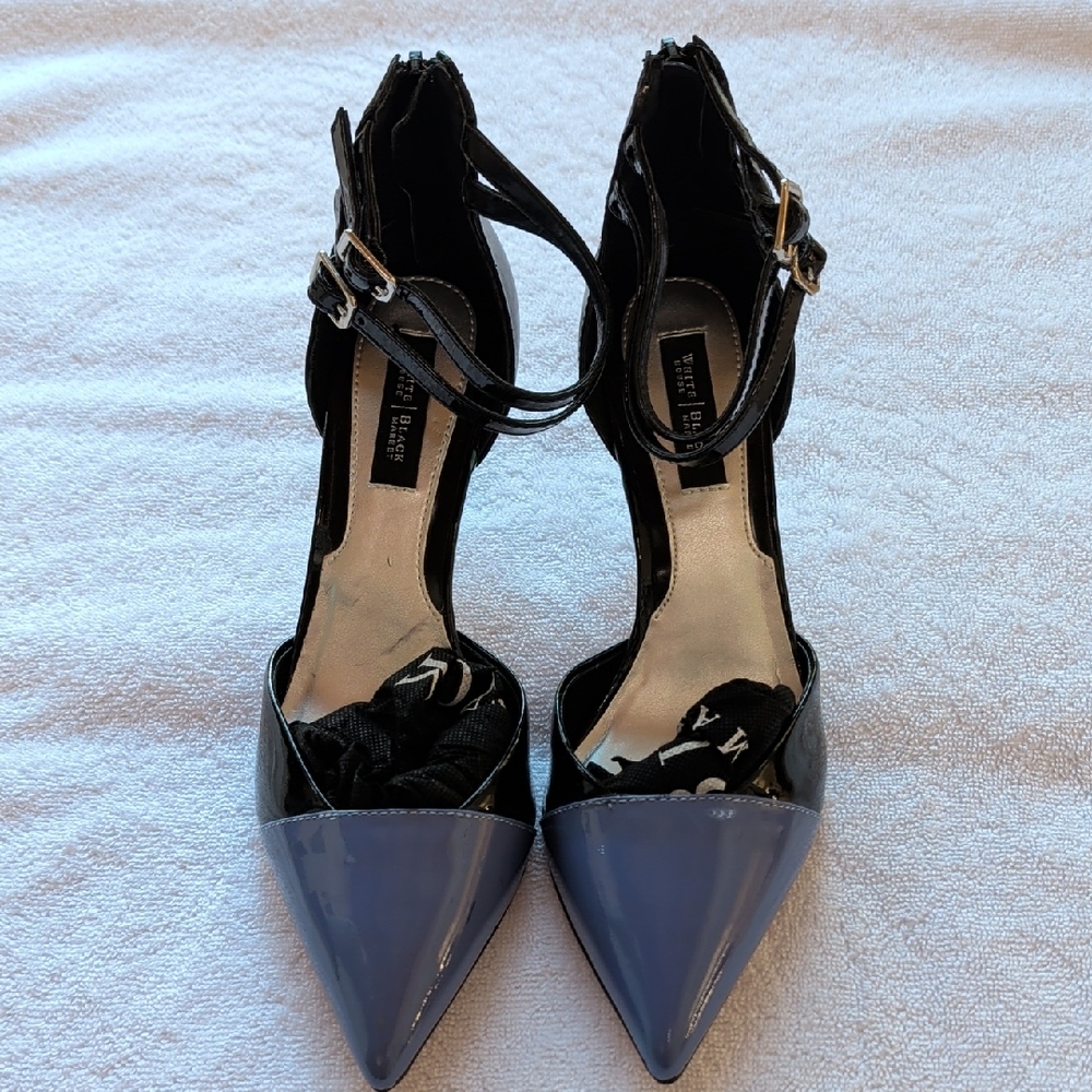 White House Black Market patent black heels with blue toe caps